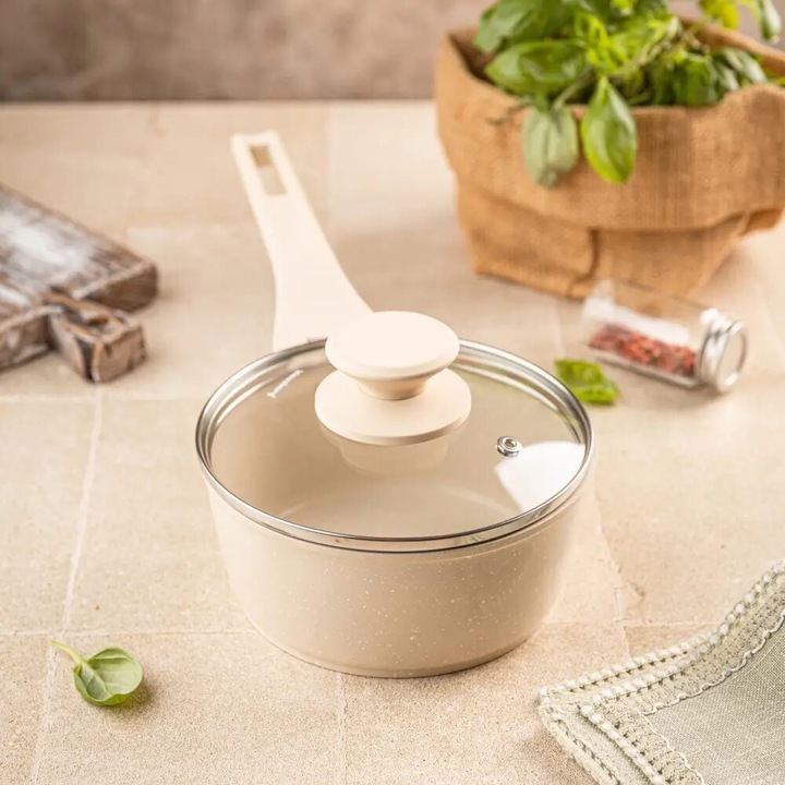 Мраморна тенджера с капак, бежова, 16 см, 1.2 л, Klausberg