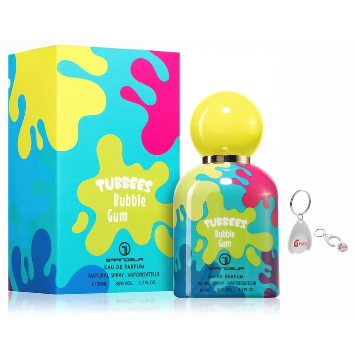 Szett Apa de Parfum Tubbees Bubble Gum, Grandeur Elite, Gyermek, 50ml személyre szabott kulcstartóval
