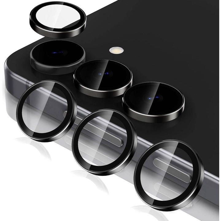 Folie Protectie Camera pentru Samsung Galaxy S25, Sticla Securizata, Duritate 9H, Kit Instalare, Ultra Slim, 3 bucati, Aluminiu, Negru
