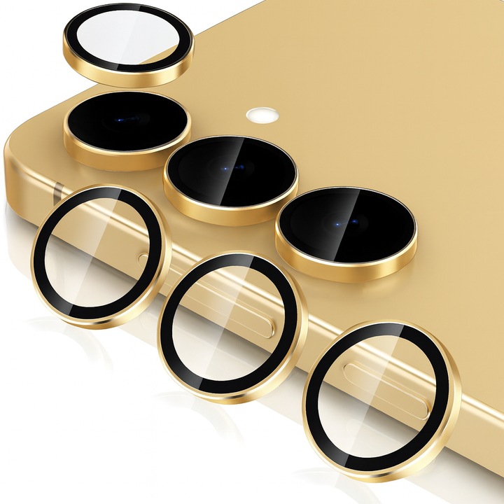 Протектор за камера за Samsung Galaxy S24 Plus, Закалено стъкло, Твърдост 9H, Комплект за монтаж, Ултра тънък, 3 броя, Алуминий, Златист