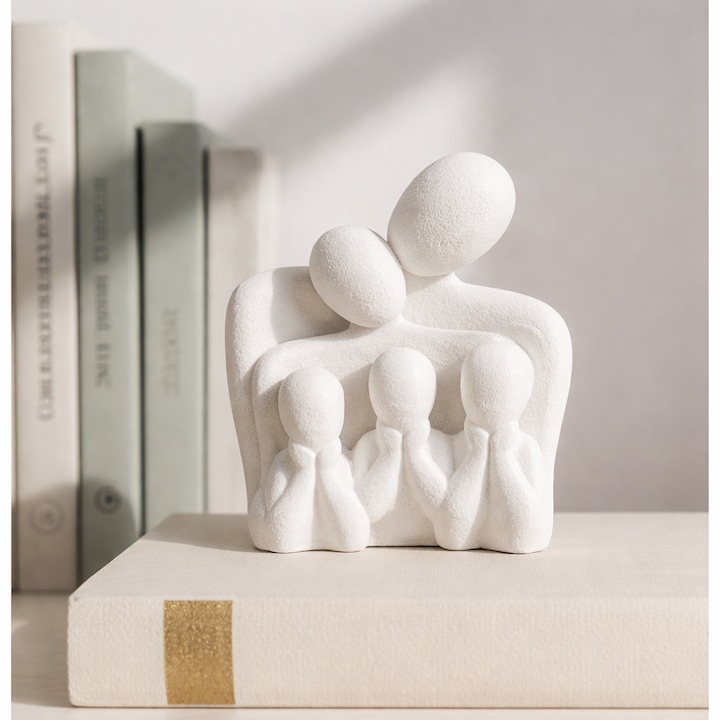 Statueta decoratiune minimalista de familie, 2 adulti si 3 copii, design modern, printat 3D, ~ 10 x 8 x 5 cm, cadou de familie, aniversare, casa noua