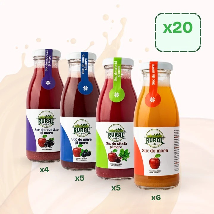 Pachet sucuri naturale presate la rece RURAL – Digestie & Usurinta, 20 sticle, 100% fructe, fara adaos de zahar