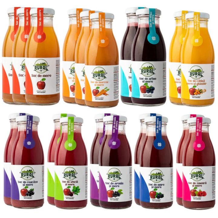 Pachet sucuri naturale presate la rece RURAL – Descopera RURAL, 20 sticle, 100% fructe, fara adaos de zahar