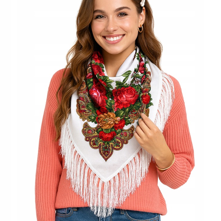 Esarfa dama fular folclorica traditionala cu flori alb