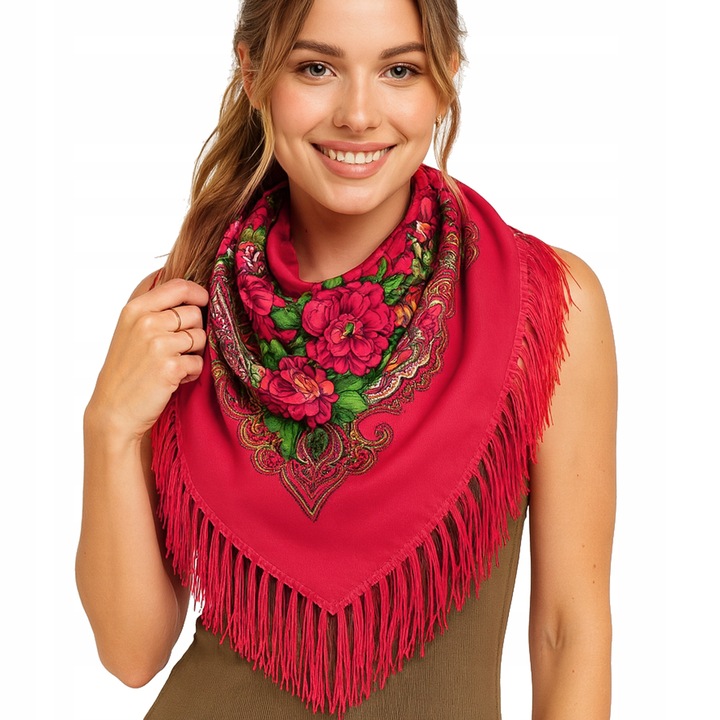 Női sál, népies, hagyományos, rózsaszín virágokkal