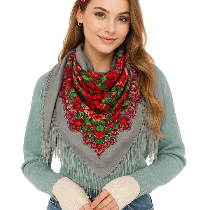 Női sál folklór tradicionális virágos felföldi kék