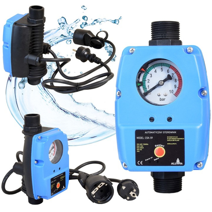 Presostat electronic automat ALUVRA CSK 59, regulator de presiune cu manometru, supapa de sens, 220-240V, IP65, 10A