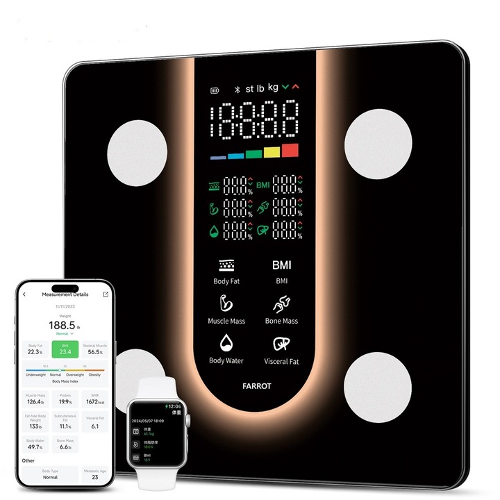 FARROT цифров кантар за баня с LED дисплей, електронен и интелигентен с Bluetooth – 21 функции, черен