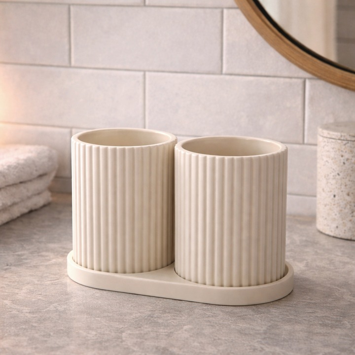 Organizator Baie Modern Din PLA Durabil, Organizator Baie Pentru Periuta Dinti Si Accesorii, Suport Cu 2 Pahare Pentru Organizare Eficienta, Organizator Baie Design Minimalist Pentru Lavoar, Organizator Baie Rezistent Pentru Uz Zilnic