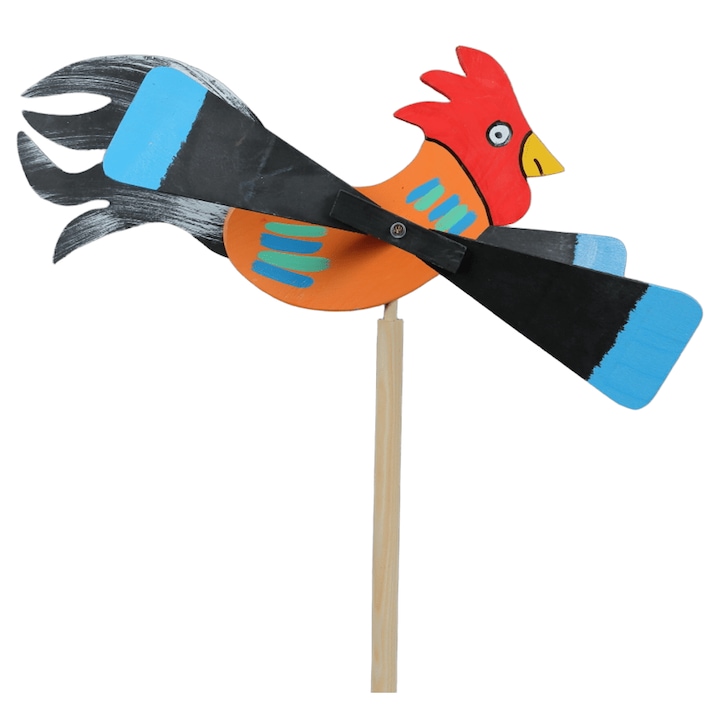 Morisca de vant din lemn 155×37 cm, model cocos – decor rustic pentru gradina, realizata manual