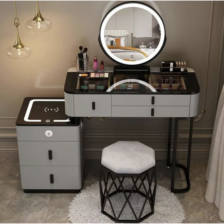 Masa Toaleta, MOBATELIER®, MIRANDA, Masa Machiaj Cu Oglinda Iluminata LED, Control Touch, Comoda Cu Sertare Spatioase, Difuzor Bluetooth Integrat, Zona Incarcare Wireless, Port USB, Scaun Inclus, Design Modern Pentru Dormitor, Gri