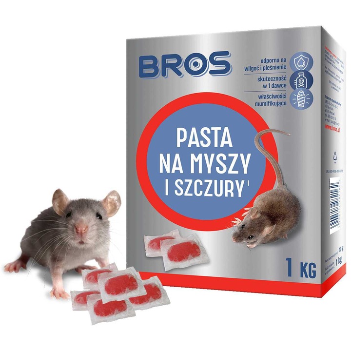 Паста за мишки и плъхове BROS 1кг, ефективна формула, устойчива на атмосферни условия
