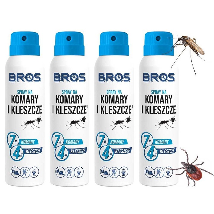 Spray repelent insecte BROS, 4 x 90ml, protectie impotriva tantarilor si capuselor, cu DEET