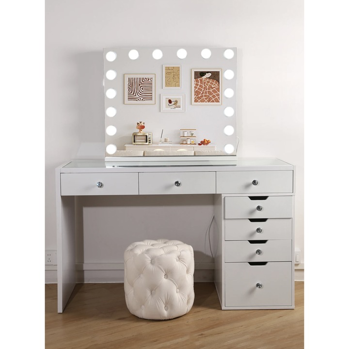 Masa Toaleta, Mobatelier Nora, Oglinda LED 3 Culori, Alb, 130x50x75cm