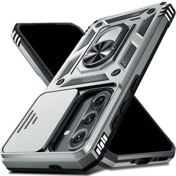 Калъф за Samsung Galaxy A17 5G / A17 4G DaDen® Hybrid Armor Kickstand, плъзгаща се камера, противоударна, превъзходна защита, сребрист