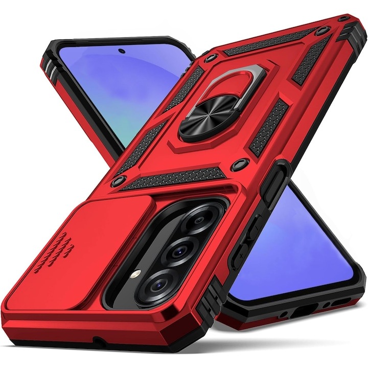 Husa pentru Samsung Galaxy A17 5G / A17 4G DaDen® Hybrid Armor Kickstand, Slider Camera, Antisoc, Protectie Superioara, Rosu