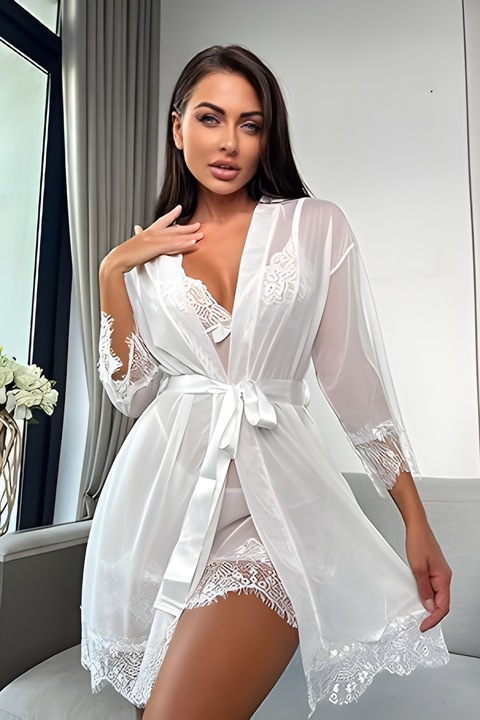 Szexi 3 részes fehérnemű szett nőknek, átlátszó hálós csipke felső és köntös, Fehér