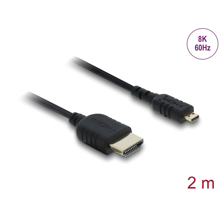 Cablu Coaxial High Speed HDMI la micro-D HDMI 8K60Hz/4K240Hz 2m Negru, Delock 81691