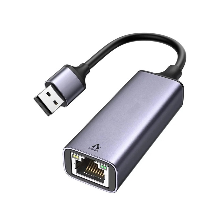 Adaptor USB–RJ45, Ethernet, 1000 Mbps, USB 3.0/2.0, Plug&Play, aluminiu, pentru tableta, PC, laptop, argintiu, 2.3 x 15.8 cm, Dactylion®