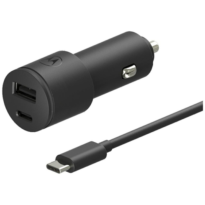 Motorola TurboPower autós töltő, 1x USB-C, 1x USB-A, 45W, 3A, 1m USB-C kábel mellékelve, Fekete