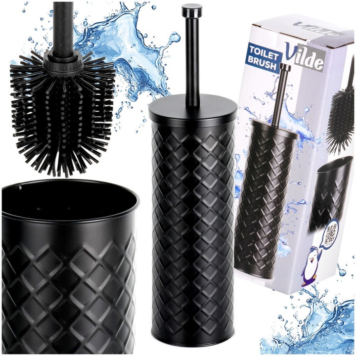 Силиконова Четка за Тоалетна с Метална Стойка, Vilde, 38 см, Матово Черна, Модерен Дизайн с Декоративен Контейнер, Хигиенична и Издръжлива Глава на Четката, Ергономична Дръжка, Елегантен и Практичен Аксесоар за Баня или Тоалетна, Ефективно Почистване