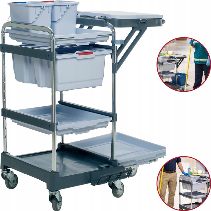 Carucior de Serviciu, Vileda Professional, modular, cu 2 tavi si 2 galeti de 6 l, albastru, 126x58x100 cm