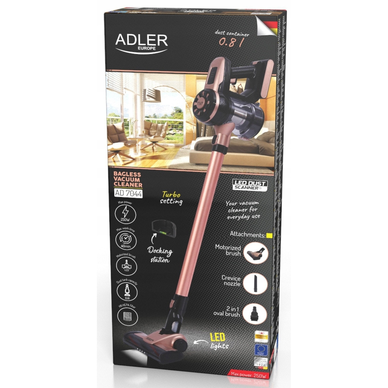 Aspirator vertical fără sac ADLER AD 7044, putere 250 W, funcție Turbo, LED, 0,8L
