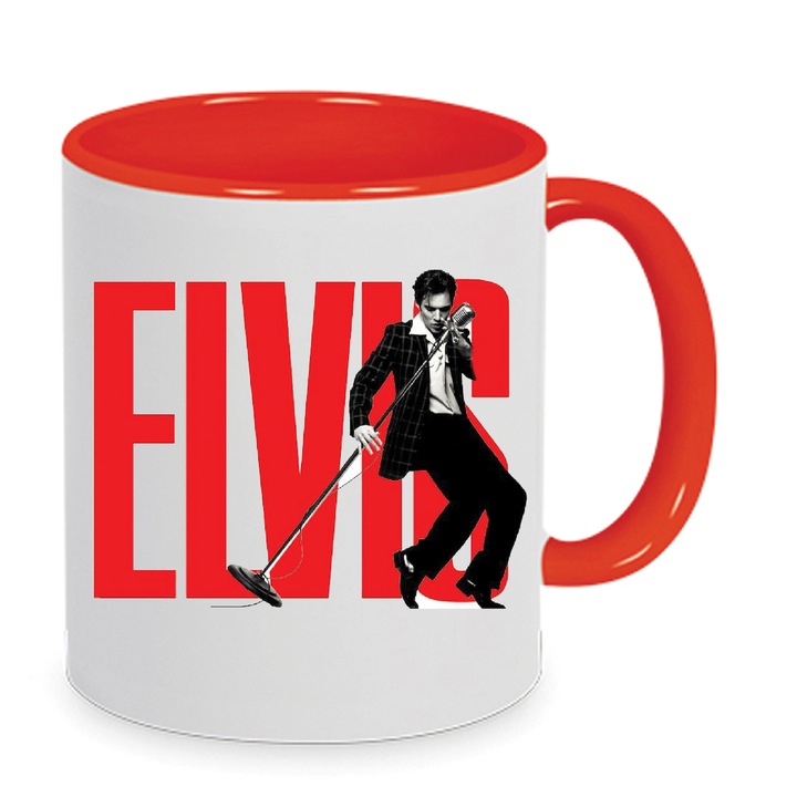 Cana ceramica Elvis Presley No.3, 330ml, alb si rosu, design imprimat de inalta definitie, rezistenta la masina de spalat.