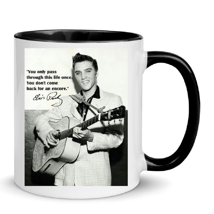 Cana Elvis Presley No.6, ceramica, 330ml, alb-negru, design imprimat de inalta definitie, lavabila la masina