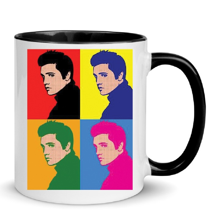 Cana ceramica Elvis Presley Nr. 8, 330ml, alb si negru, design imprimat de inalta definitie, rezistenta la masina de spalat.