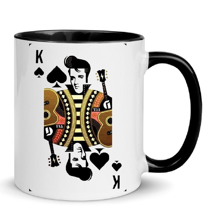 Cana Elvis Presley No.9, ceramica, 330ml, alb-negru, design imprimat de inalta definitie, lavabila la masina de spalat.