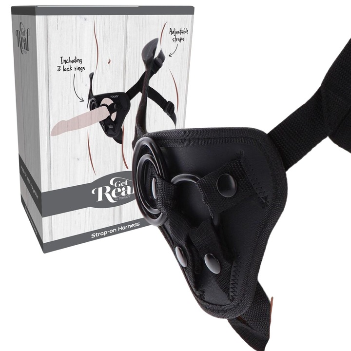 Curea strap-on ToyJoy Get Real, neagra, cu 3 inele din silicon, dimensiuni reglabile
