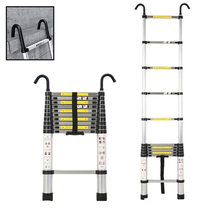 Scara telescopica cu carlige – 3, 2 m, aluminiu