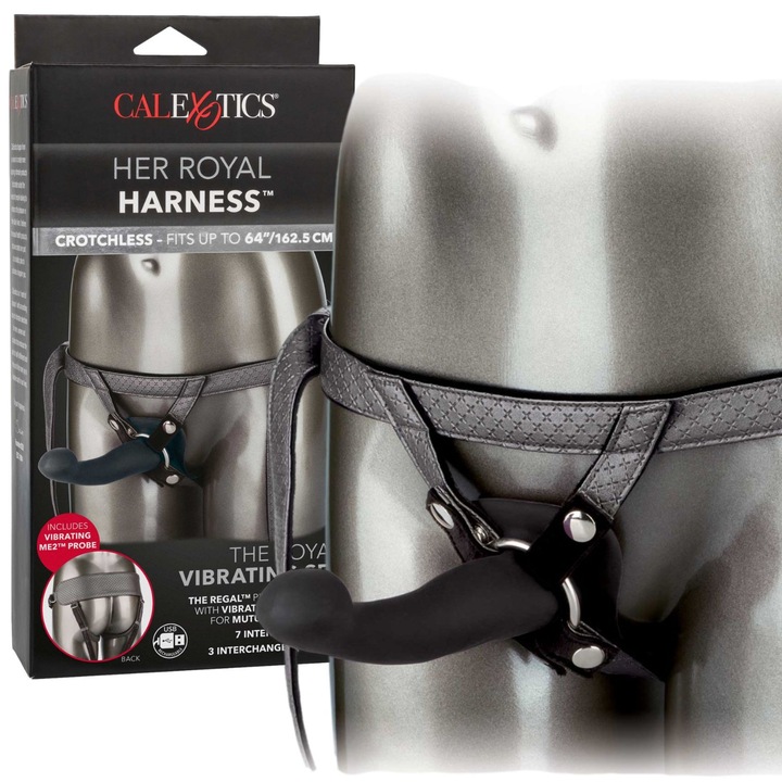 Set vibrator Royal, Calexotics, curea, stimulare clitoridiana, negru, 30cm x 3,7cm