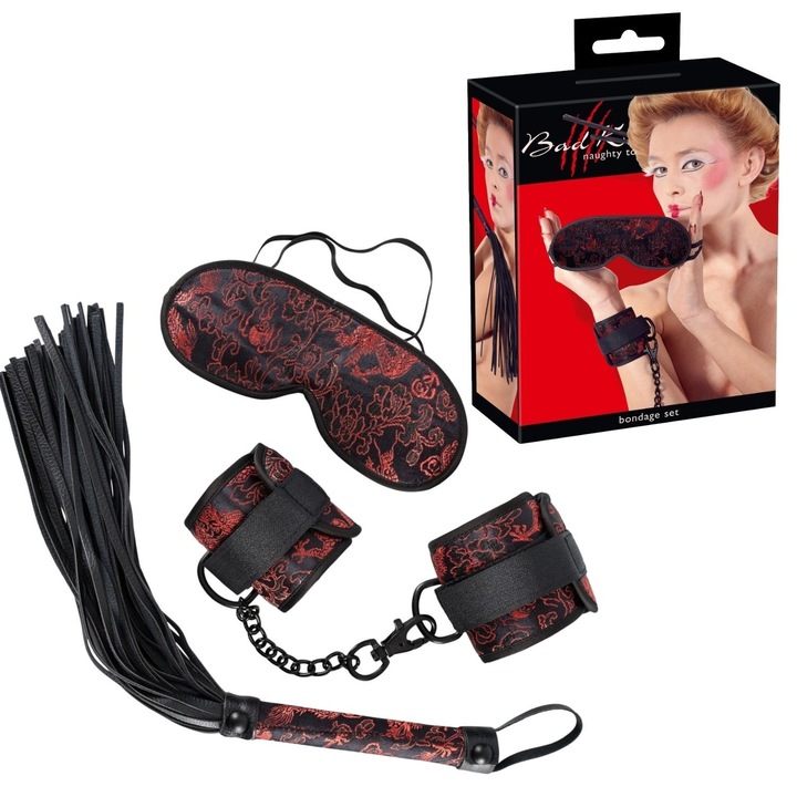 Set Bondage Bad Kitty, 3 piese, negru cu rosu, catuse, esarfa pentru ochi, bici 38cm
