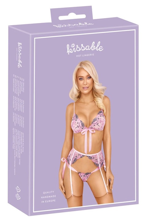 Set lenjerie sexy, Kissable, sutien fara sarma, portjartier, tanga, roz pal, broderie florala, S-M INTL