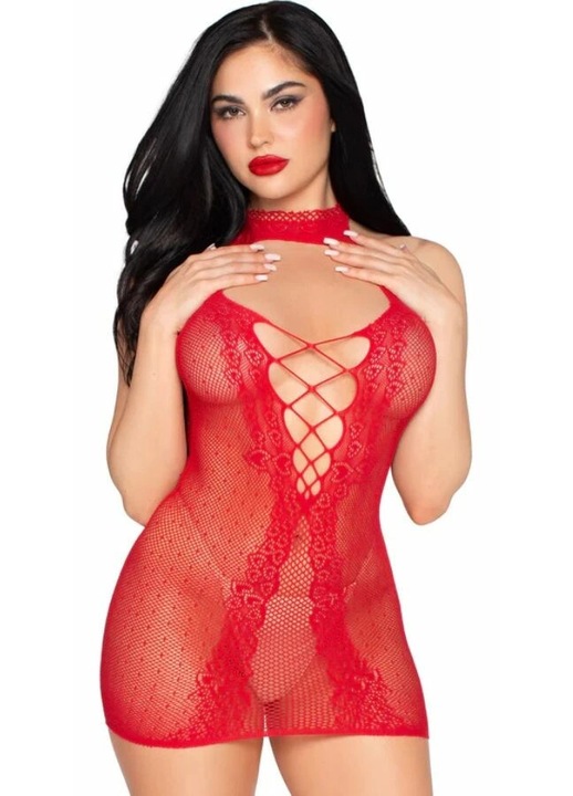 Rochie Mini Halter Leg Avenue 81675, rosie, plasa cu buline si dantela, design modern, spate cu funde incrucisate, One Size INTL