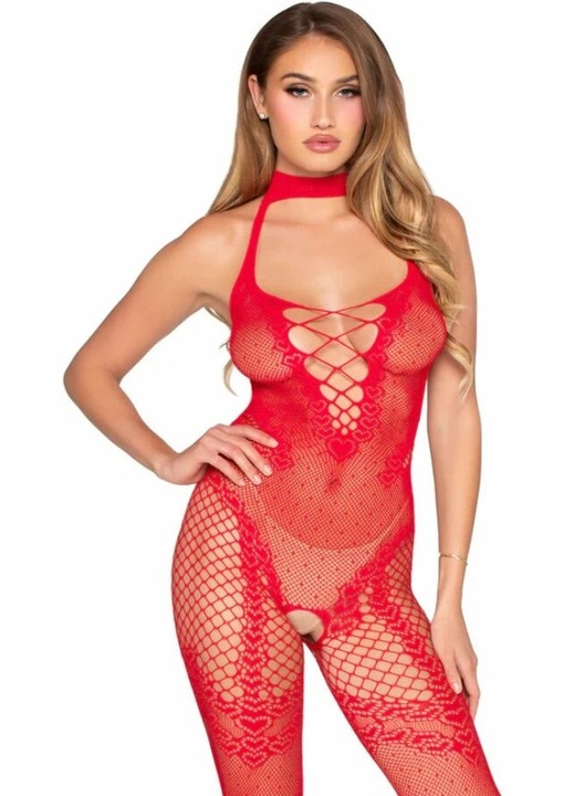 Bodystocking din plasa cu buline, Leg Avenue, rosu, elasticitate ridicata, fara partea inferioara, One Size INTL