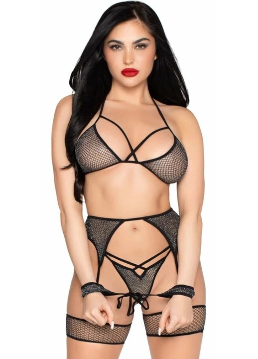 Set lenjerie sexy, Leg Avenue, complect cu plasa si catuse, negru, One Size INTL