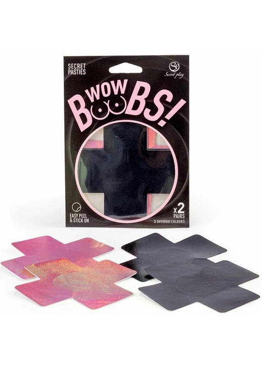 Melltartó matricák, Secret Play, 2 pár, holografikus, fekete/rózsaszín, 8x8cm