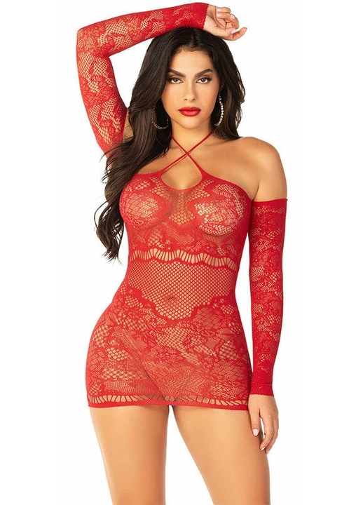 Rochie sexy mini, Leg Avenue, plasa, maneci lungi, rosu, One Size INTL