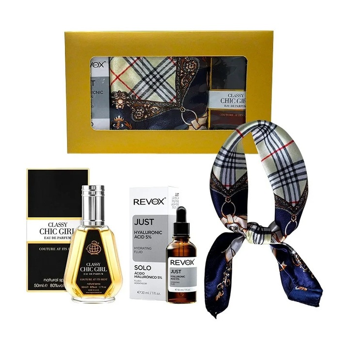 Set Elysa – Ser Revox Hyaluronic Acid 5% 30ml, Apa de Parfum Classy Chic Girl 50ml, Esarfa