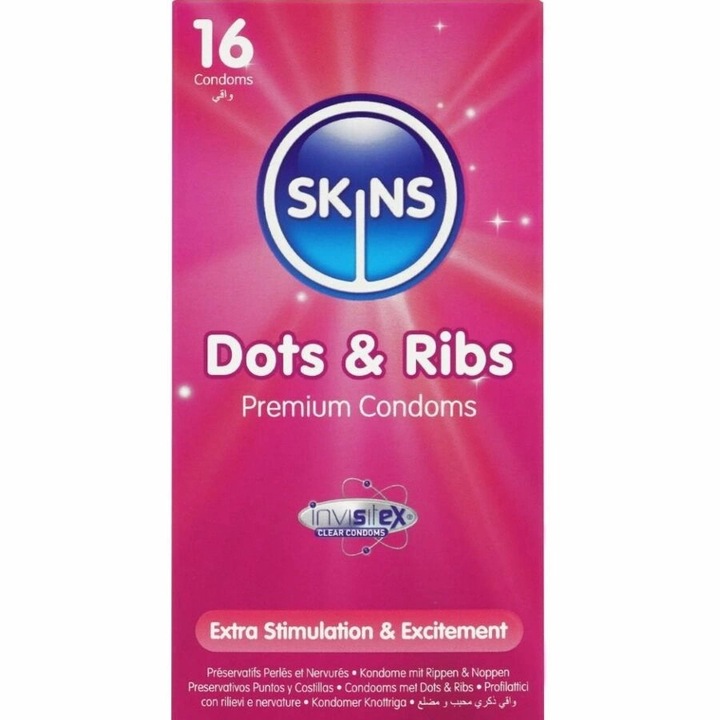 Skins Dots & Ribs Premium óvszer, 16 db, átlátszó, vanília íz