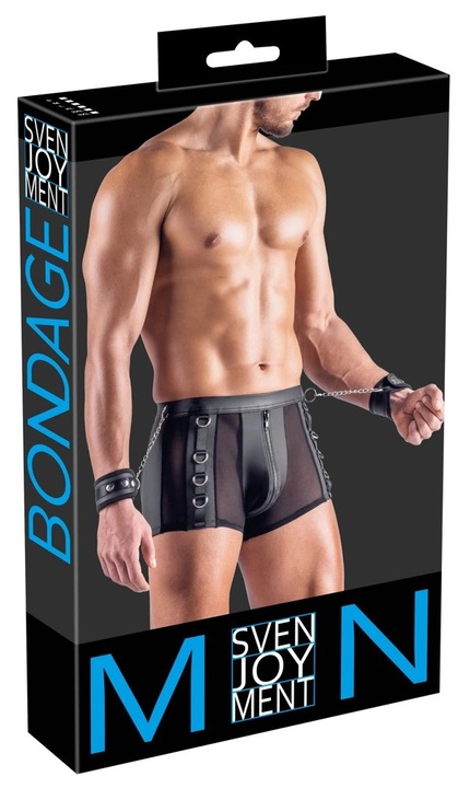 Svenjoyment Bondage férfi nadrág, fekete, rugalmas anyag, fém részletek, mandzsettával