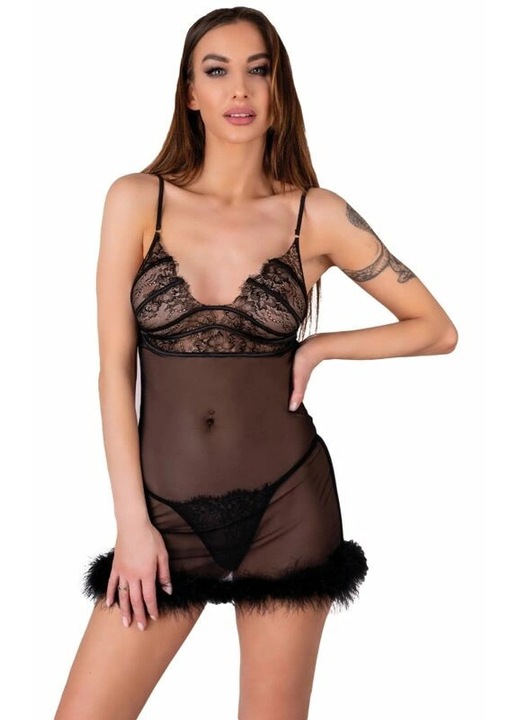 Set lenjerie sexy, Livco Corsetti, Zerunam, babydoll cu dantela, tanga, negru, poliamida si elastan, One Size INTL