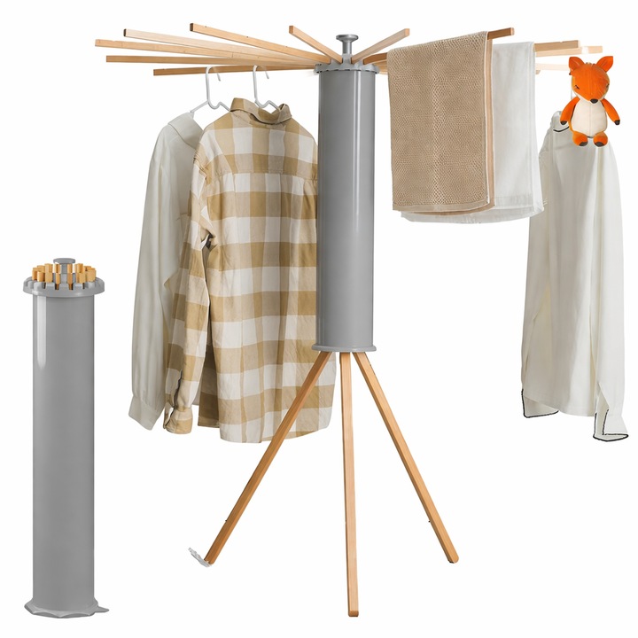 Uscator de rufe tip umbrela cu 16 brate NEXTLY, design compact, ergonomic, pliabil, brate din lemn retractabile/rotative la 360°, capacitate mare de incarcare, 72 cm inaltime pliat, 120 cm inaltime deschis, gri