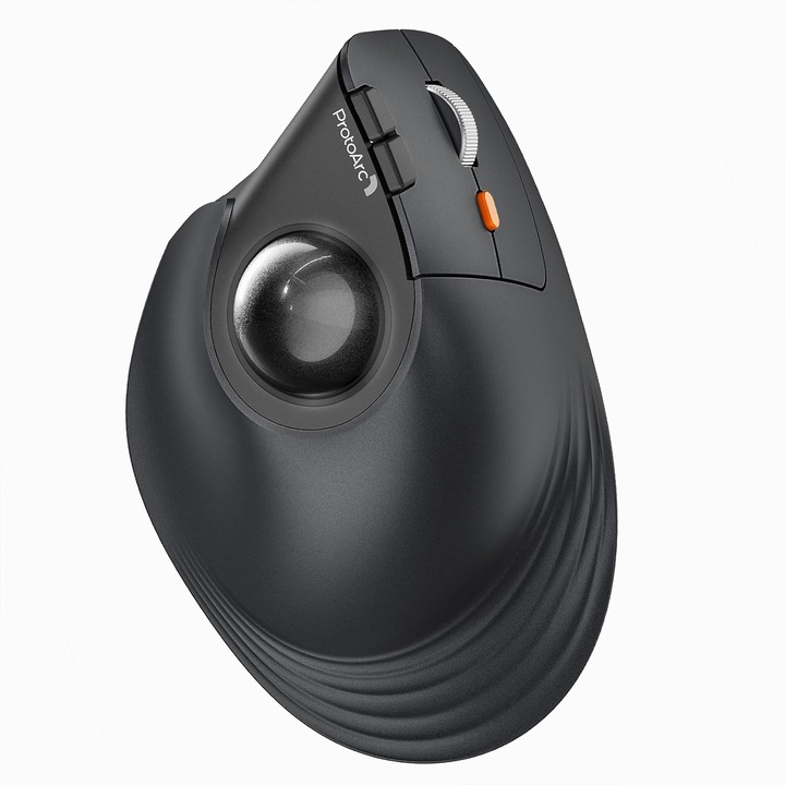 Mouse trackball ProtoArc EM05, design vertical ergonomic, conectivitate Bluetooth 3 in 1, culoare neagra, dimensiuni 10x15x22cm
