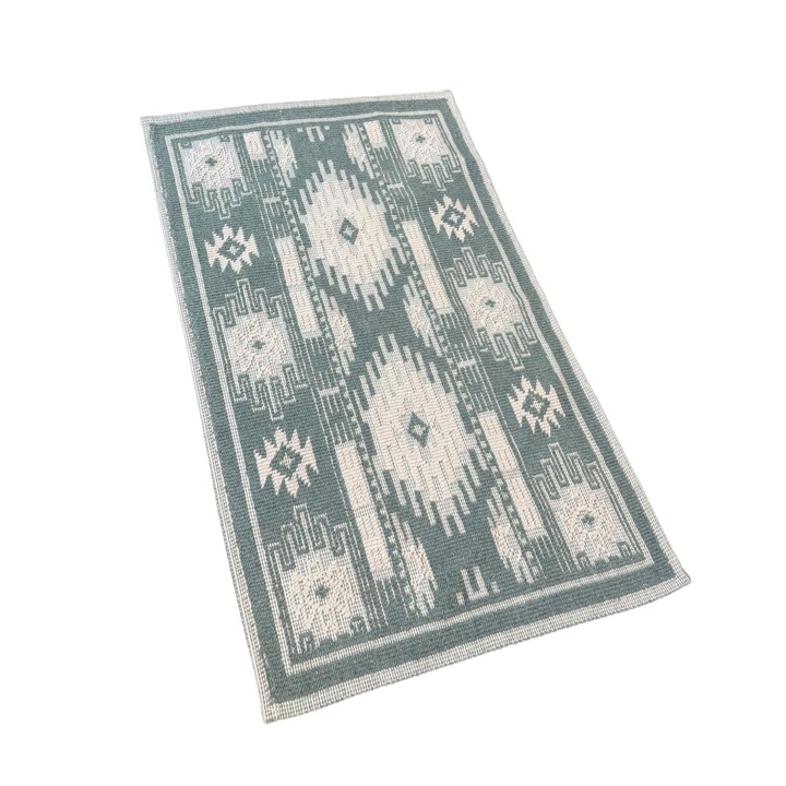 Covoras Baie ®OPTIMDEKO, Bumbac, 100x60cm, Bucle, Antiderapant, model Geometric Modern, Verde / Crem