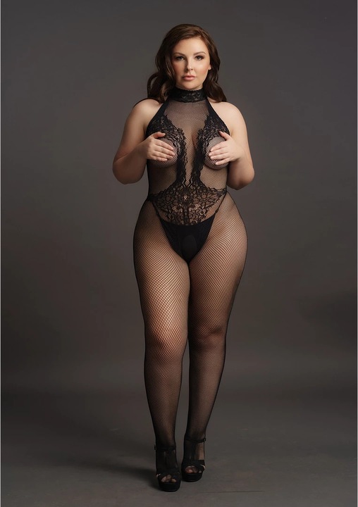 Bodystocking Plus Size, Le Desir, plasa si dantela, negru, elastic, XL-4XL INTL