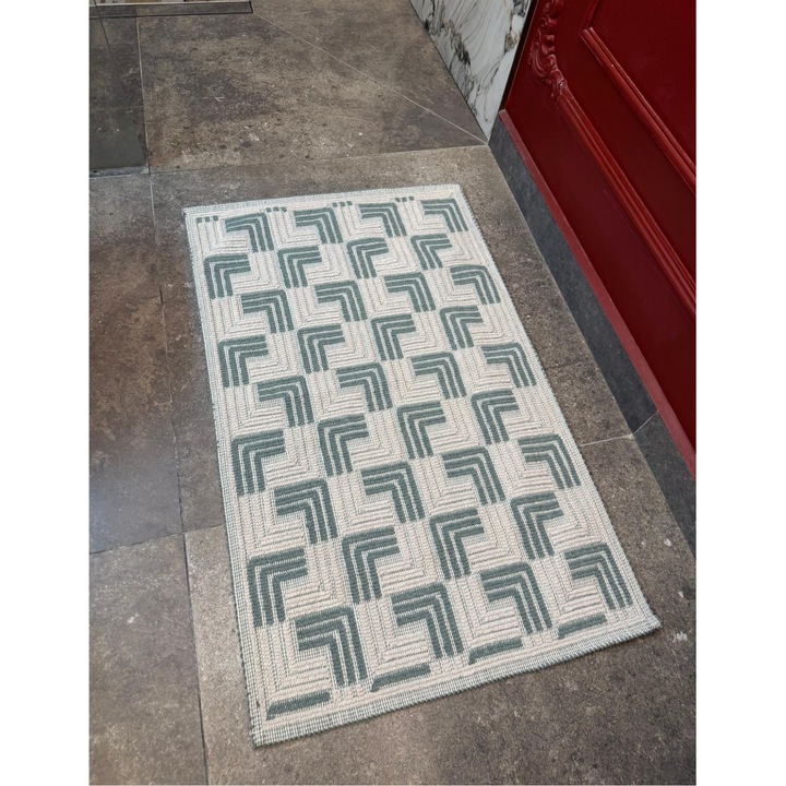 Covoras Baie ®OPTIMDEKO, Bumbac, 100x60cm, Bucle, Antiderapant, model Geometric Modern, Crem/ Verde